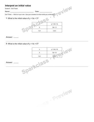 Interpret an initial value — Exit Ticket — Grade 8 worksheet preview