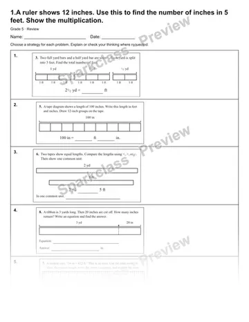 1.A ruler shows 12 inches. Use this to find the number of inches in 5 feet. Show the multiplication. — Review — Grade 5 worksheet preview