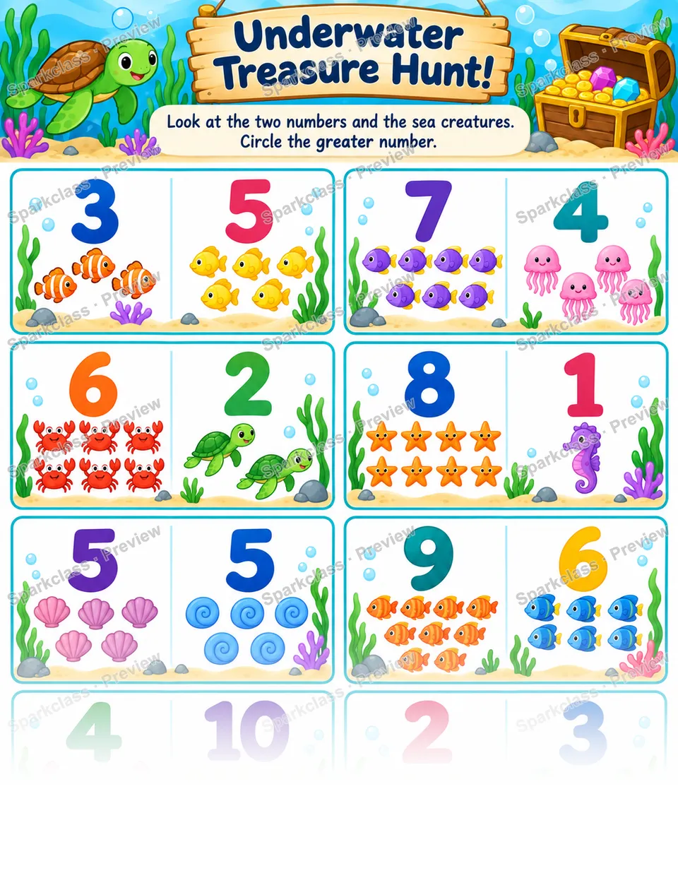 Compare Numbers · Underwater Treasure Hunt — page 1