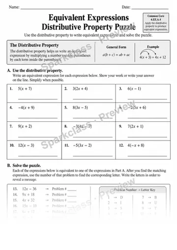 Equivalent Expressions · Distributive Property · Variant 2 — Grade 6 worksheet preview