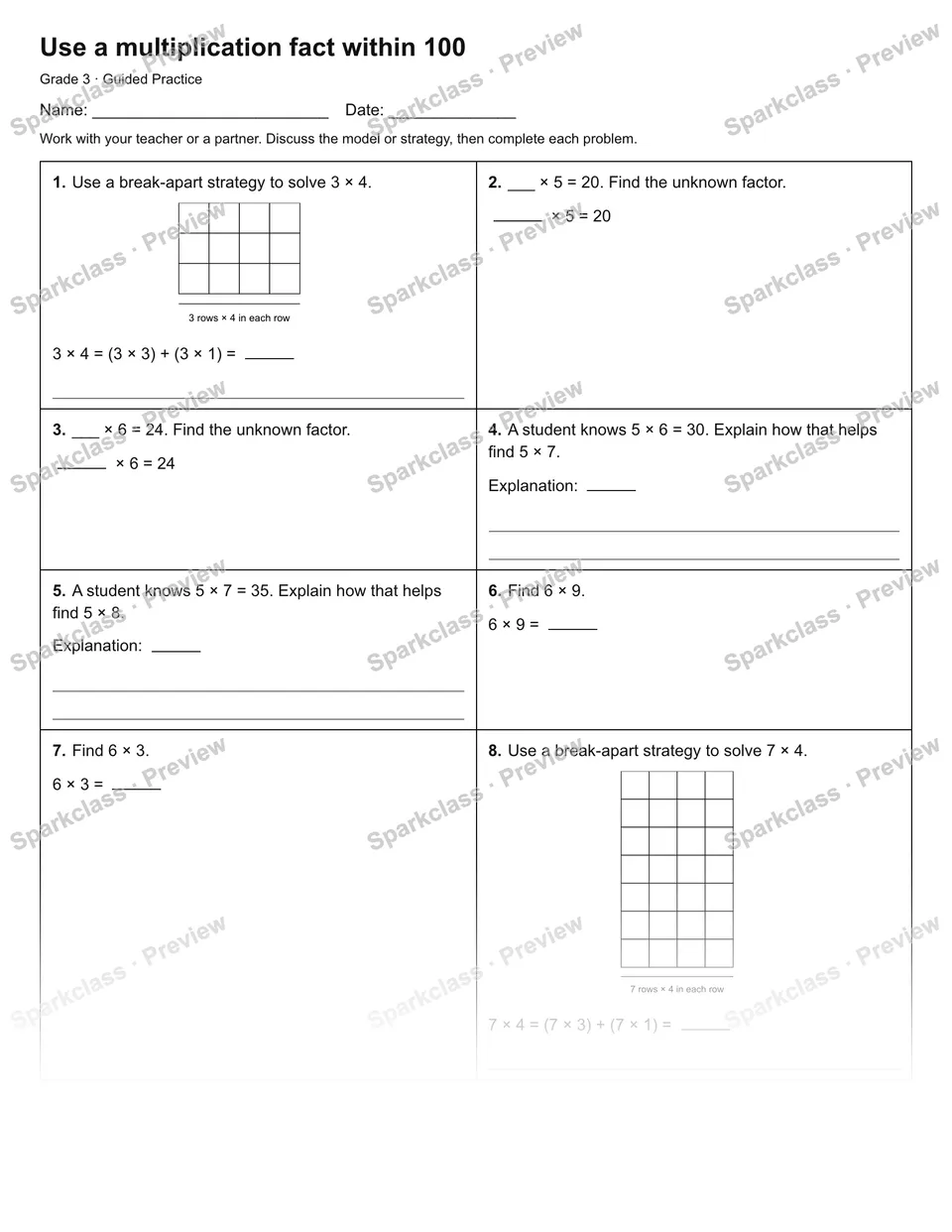 Use a multiplication fact within 100 — Guided Practice — page 1