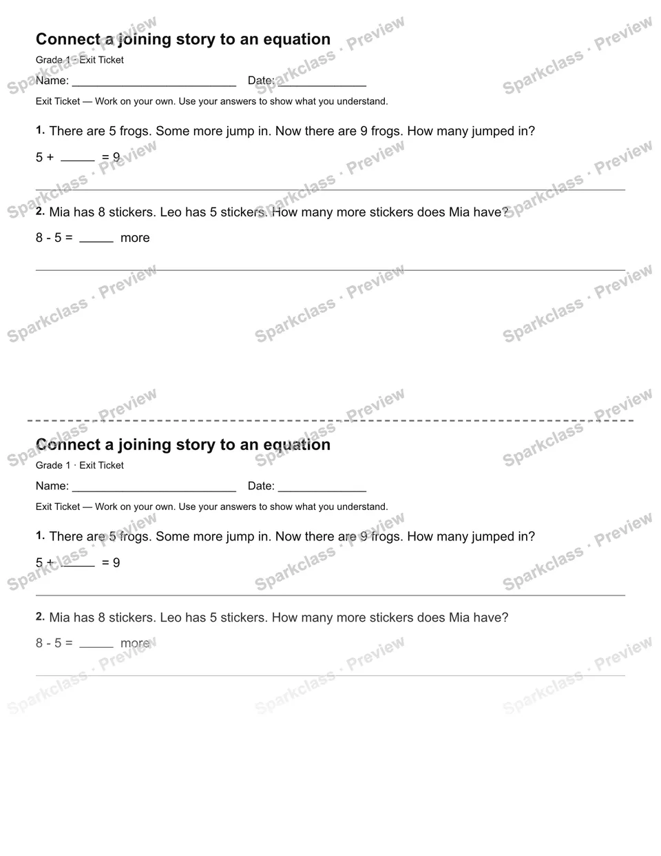Connect a joining story to an equation — Exit Ticket — page 1