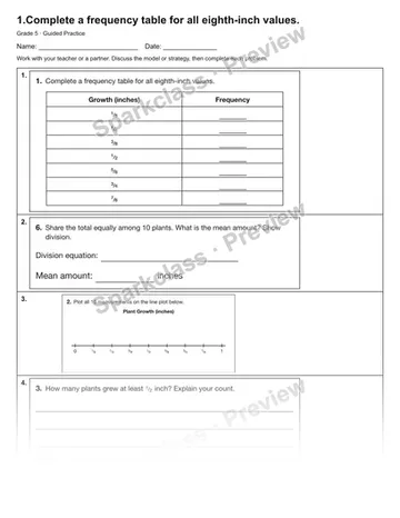 1.Complete a frequency table for all eighth-inch values. — Guided Practice — Grade 5 worksheet preview