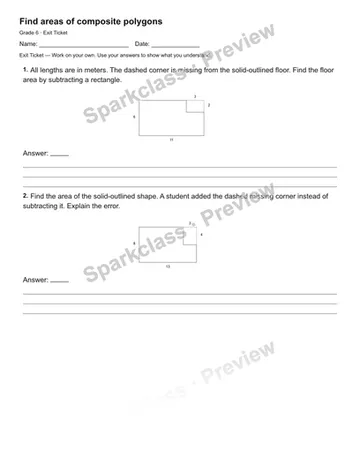 Find areas of composite polygons — Exit Ticket — Grade 6 worksheet preview