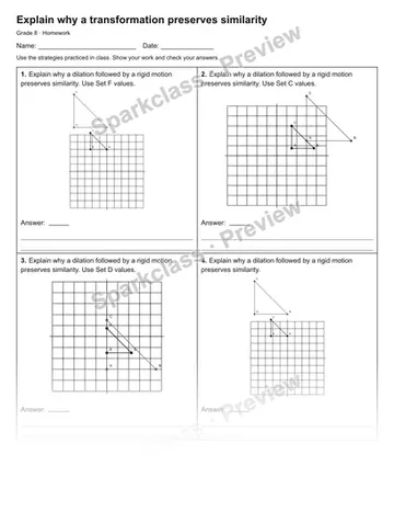 Explain why a transformation preserves similarity — Homework — Grade 8 worksheet preview