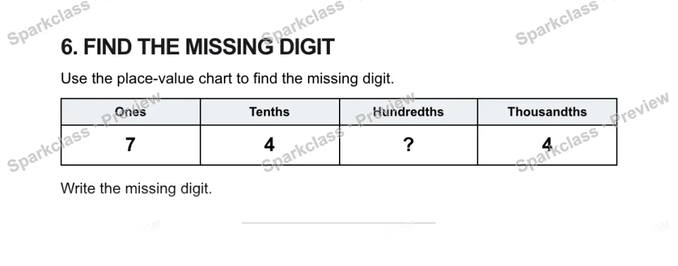 6. FIND THE MISSING DIGIT Use the place-value chart to find the missing digit. Ones Tenths Hundredths Thousandths 7 4 ? 4 Write the missing digit. — page 1