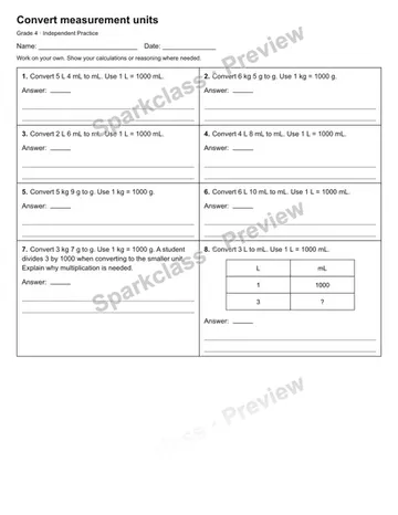 Convert measurement units — Independent Practice — Grade 4 worksheet preview