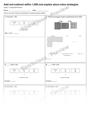 Add and subtract within 1,000 and explain place-value strategies. — Independent Practice — Grade 2 worksheet preview