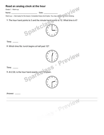 Read an analog clock at the hour — Warm-up — Grade 1 worksheet preview