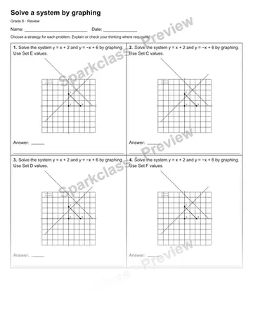 Solve a system by graphing — Review — Grade 8 worksheet preview
