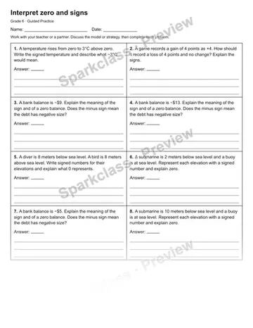 Interpret zero and signs — Guided Practice — Grade 6 worksheet preview