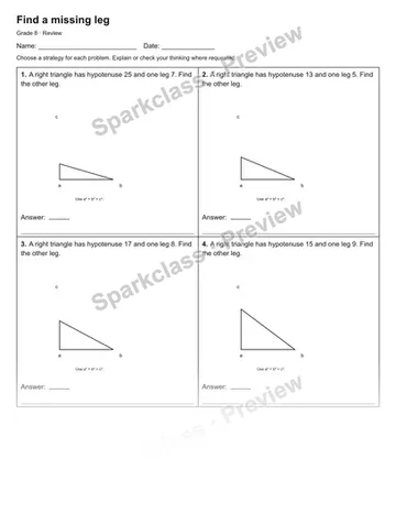 Find a missing leg — Review — Grade 8 worksheet preview