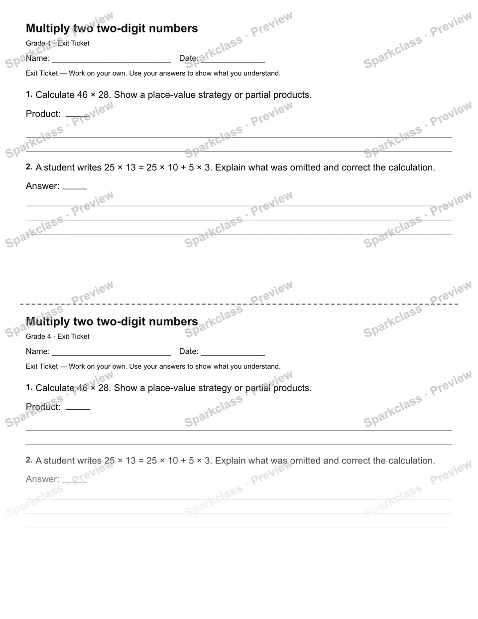 Multiply two two-digit numbers — Exit Ticket — page 1