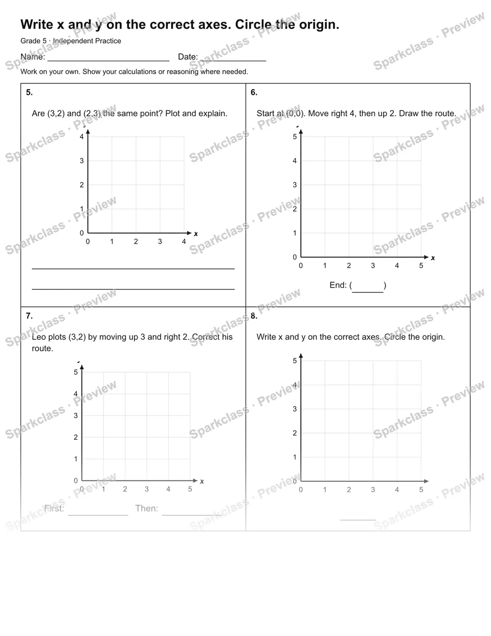 Write x and y on the correct axes. Circle the origin. — Independent Practice — page 2