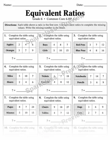 Equivalent Ratios — Grade 6 worksheet preview