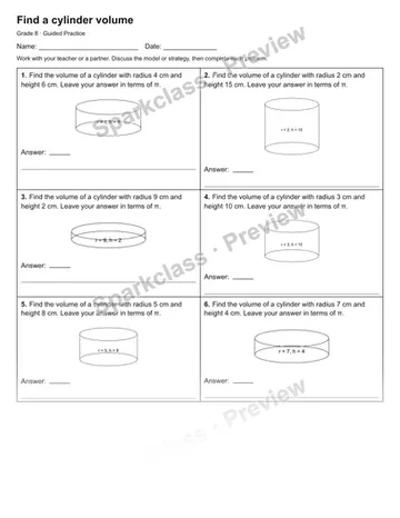 Find a cylinder volume — Guided Practice — Grade 8 worksheet preview
