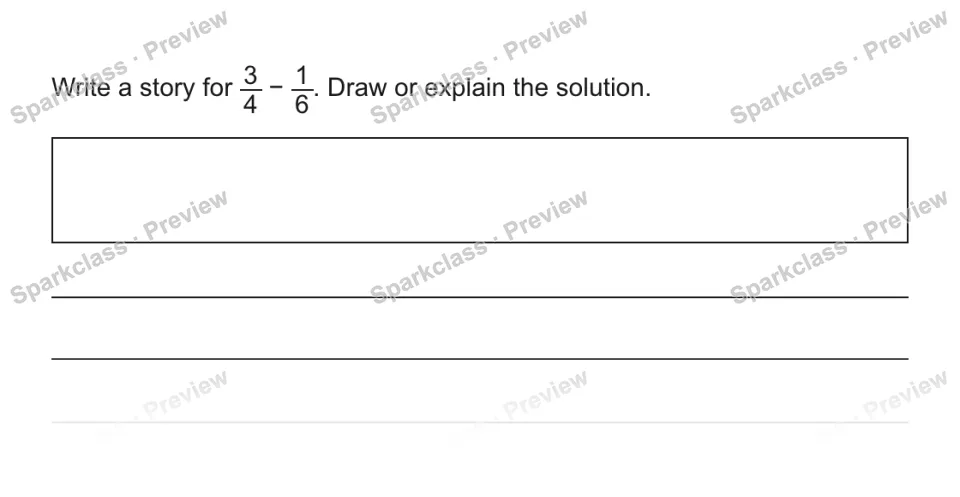 Write a story for 3/4 − 1/6. Draw or explain the solution. Real Problems Brighter Thinkers 木牌 — page 1