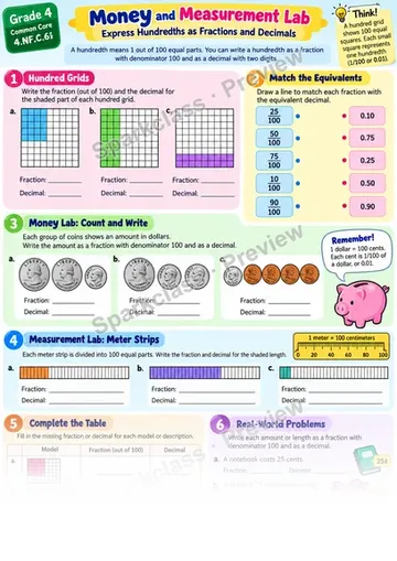 Hundredths as Fractions and Decimals — Grade 4 worksheet preview