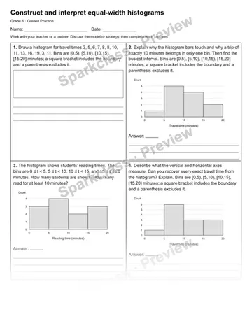 Construct and interpret equal-width histograms — Guided Practice — Grade 6 worksheet preview