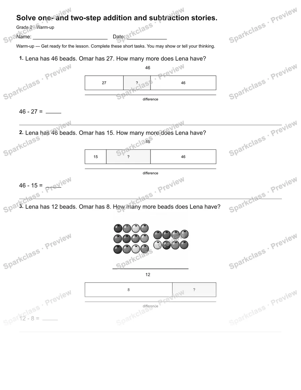Solve one- and two-step addition and subtraction stories. — Warm-up — page 1