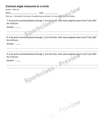 Connect angle measures to a circle — Warm-up — Grade 4 worksheet preview