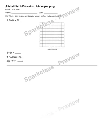 Add within 1,000 and explain regrouping — Exit Ticket — Grade 3 worksheet preview