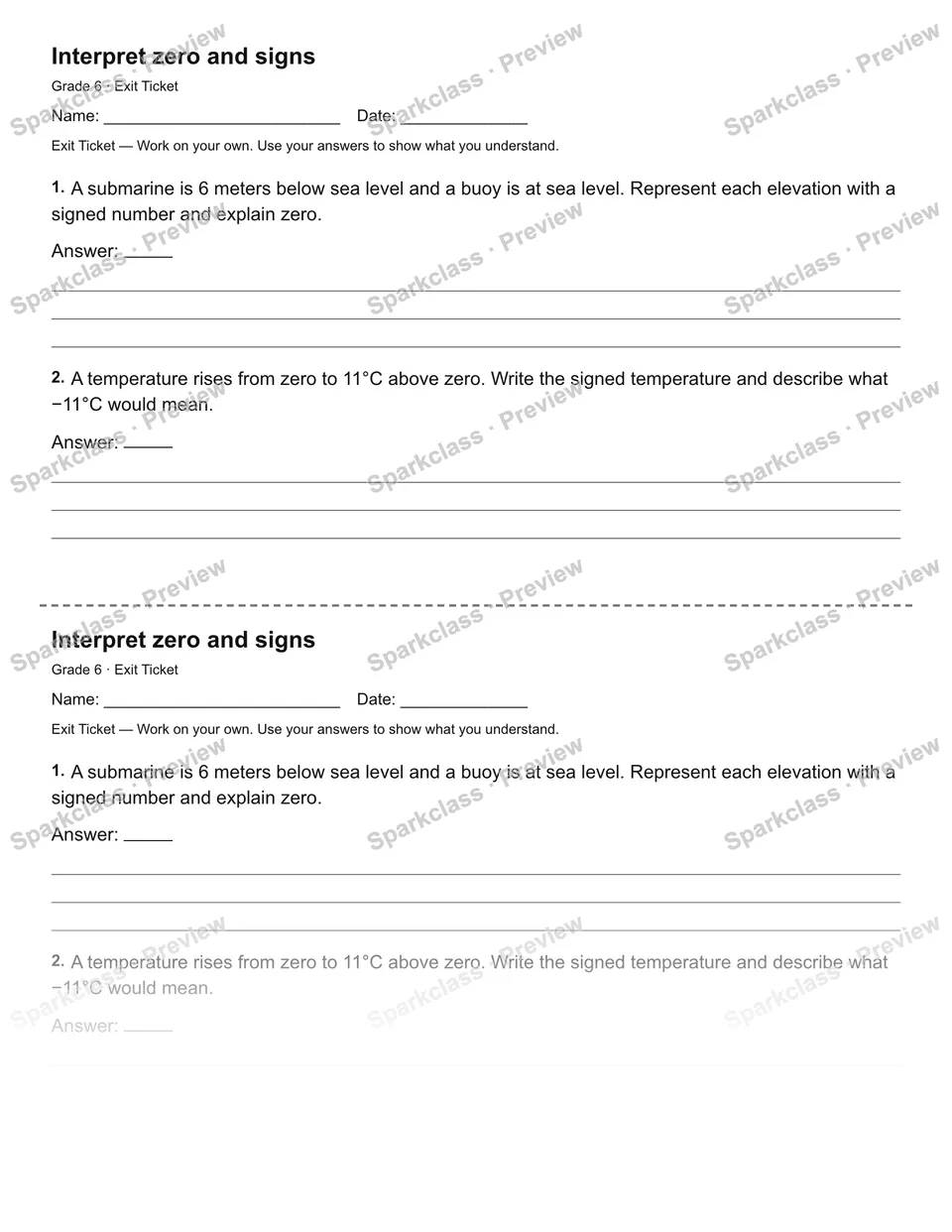 Interpret zero and signs — Exit Ticket — page 1