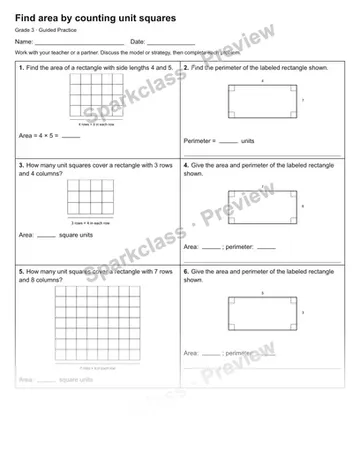 Find area by counting unit squares — Guided Practice — Grade 3 worksheet preview