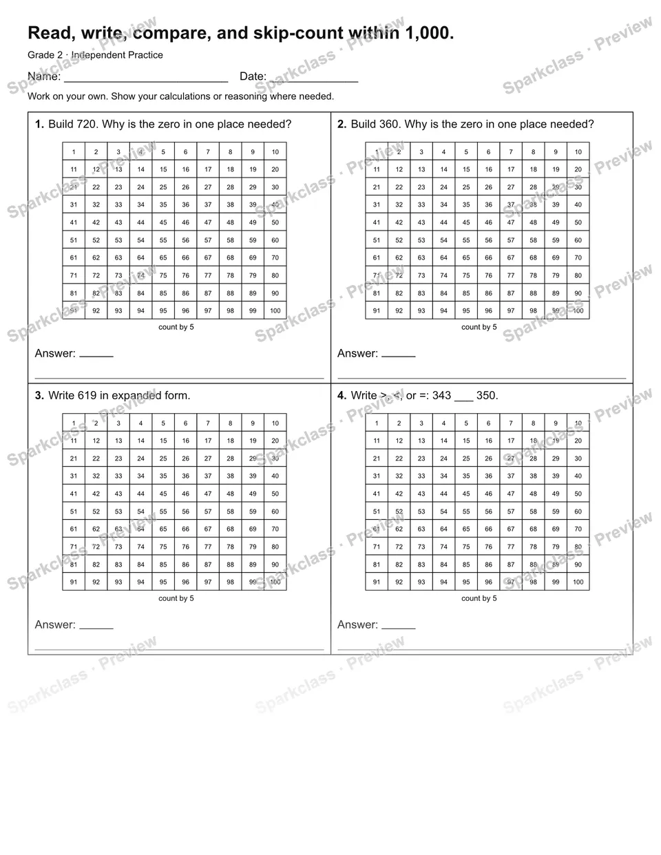Read, write, compare, and skip-count within 1,000. — Independent Practice — page 1