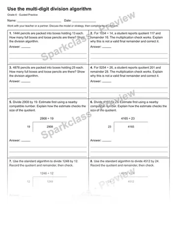Use the multi-digit division algorithm — Guided Practice — Grade 6 worksheet preview