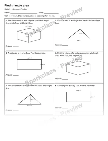 Find triangle area — Independent Practice — Grade 7 worksheet preview
