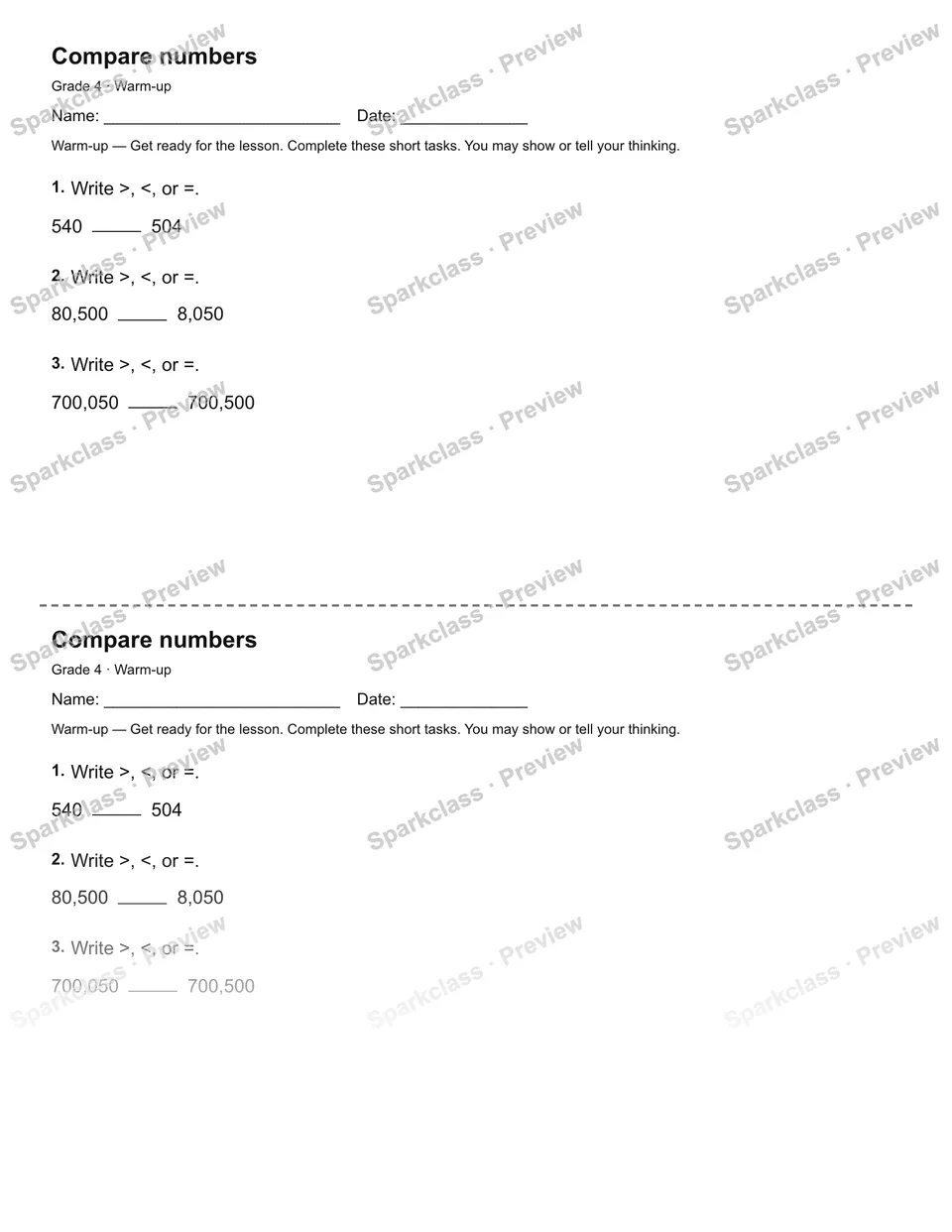 Compare numbers — Warm-up — page 1