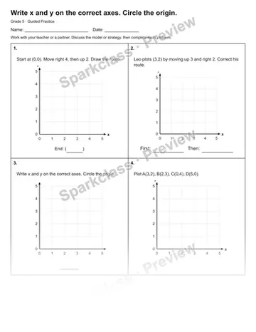 Write x and y on the correct axes. Circle the origin. — Guided Practice — Grade 5 worksheet preview