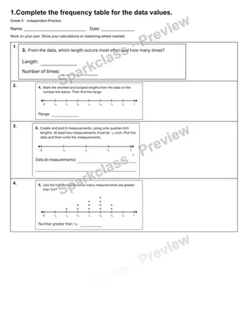 1.Complete the frequency table for the data values. — Independent Practice — Grade 5 worksheet preview