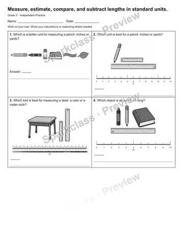 Measure, estimate, compare, and subtract lengths in standard units. — Independent Practice — Grade 2 worksheet preview