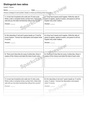 Distinguish two ratios — Review — Grade 6 worksheet preview