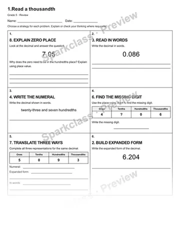 1.Read a thousandth — Review — Grade 5 worksheet preview