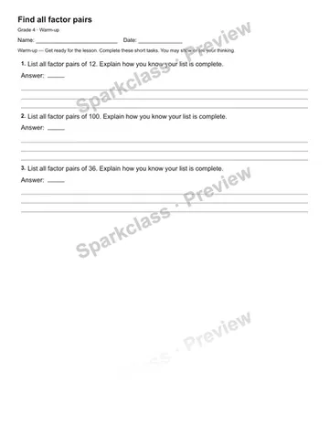 Find all factor pairs — Warm-up — Grade 4 worksheet preview