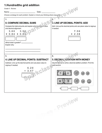 1.Hundredths grid addition — Review — Grade 5 worksheet preview