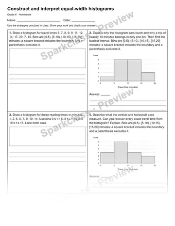 Construct and interpret equal-width histograms — Homework — Grade 6 worksheet preview
