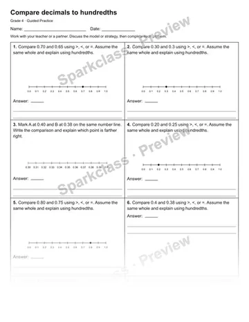 Compare decimals to hundredths — Guided Practice — Grade 4 worksheet preview