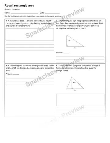 Recall rectangle area — Homework — Grade 6 worksheet preview