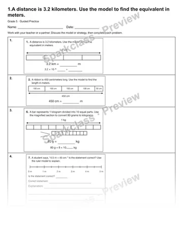 1.A distance is 3.2 kilometers. Use the model to find the equivalent in meters. — Guided Practice — Grade 5 worksheet preview