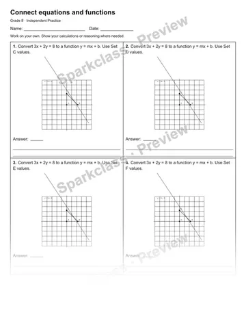 Connect equations and functions — Independent Practice — Grade 8 worksheet preview
