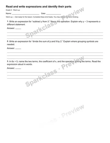 Read and write expressions and identify their parts — Warm-up — Grade 6 worksheet preview