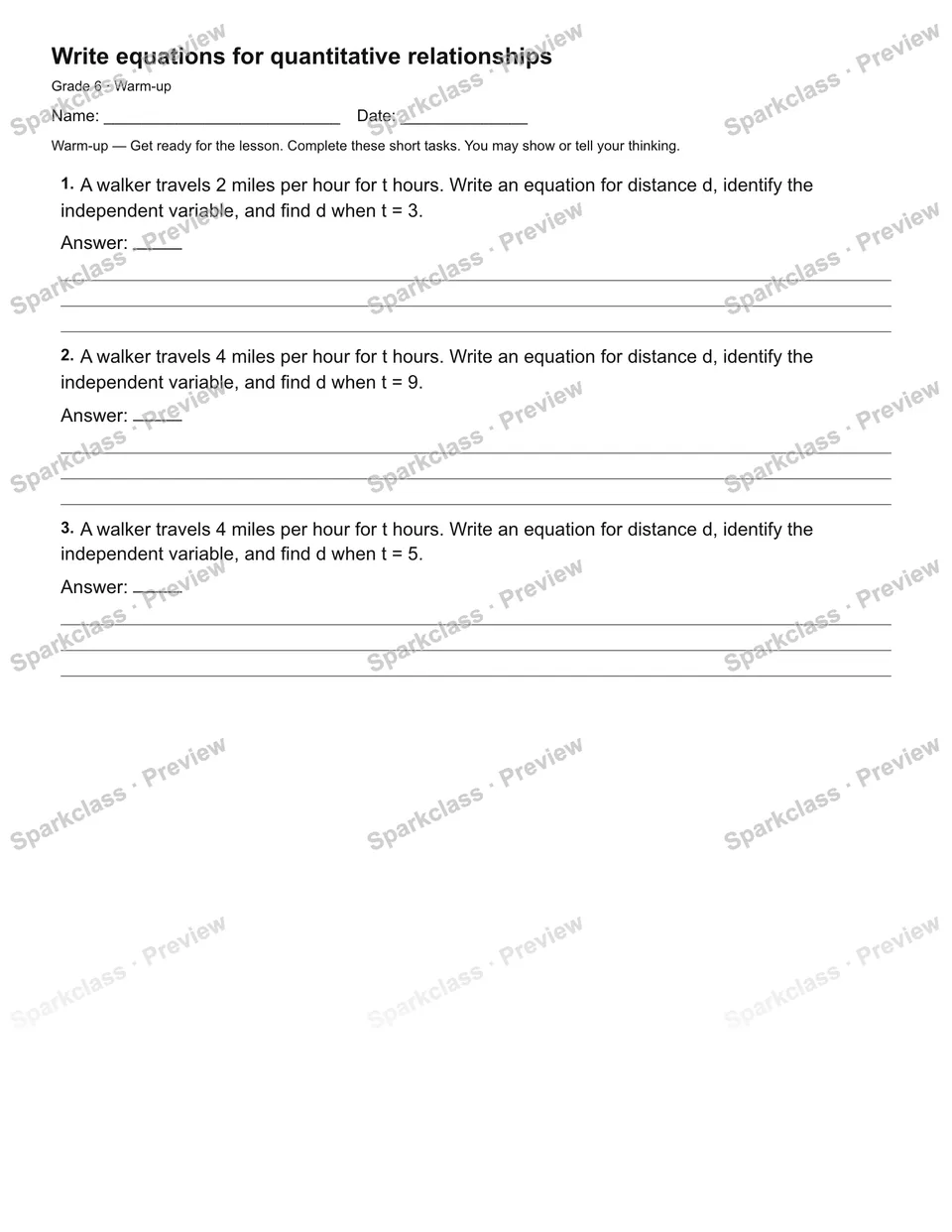 Write equations for quantitative relationships — Warm-up — page 1