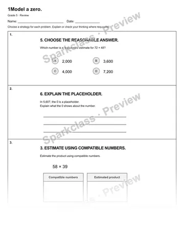 1Model a zero. — Review — Grade 5 worksheet preview