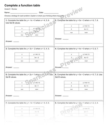 Complete a function table — Review — Grade 8 worksheet preview