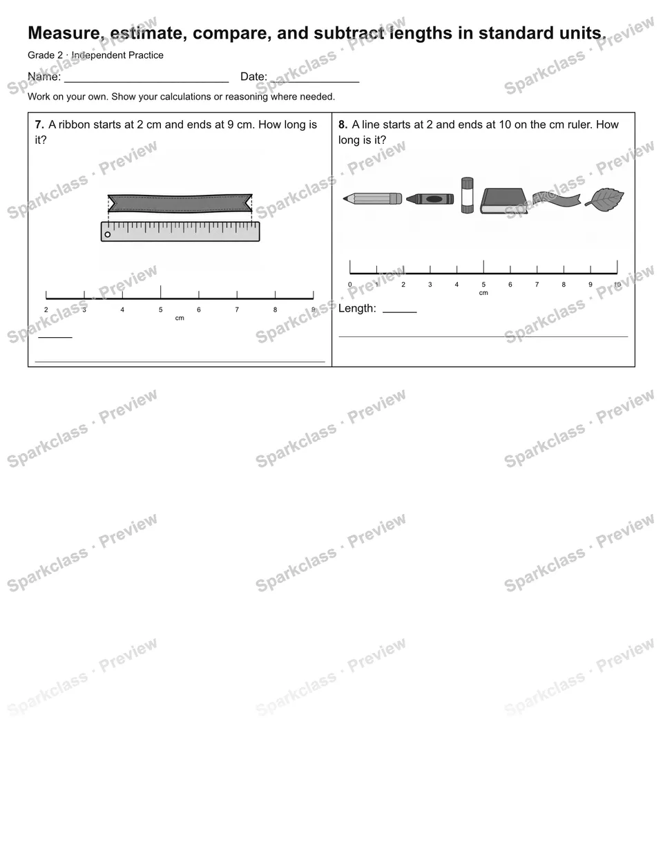Measure, estimate, compare, and subtract lengths in standard units. — Independent Practice — page 2