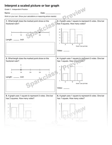Interpret a scaled picture or bar graph — Independent Practice — Grade 3 worksheet preview